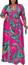 RUNWIND PLUS SIZE FLORAL MAXI DRESS FLOWY 3/4 SLEEVE WITH BELT 4XL