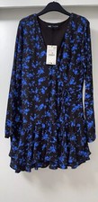 ZARA BLUE BLACK FLORAL PRINT V-NECK MINI RUFFLED HEM DRESS WITH BOW SIZE L BNWT