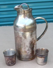 Christofle Silver Plated Thermos Hot Cold Insulated Pitcher Jar w/ Lid & 2 Cups