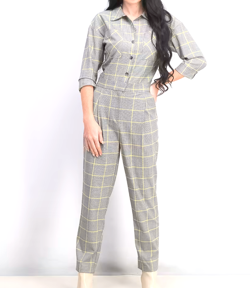 Topshop Jumpsuit Check Grey Yellow Buttons Spread Collar Patch Pockets UK12  BNWT