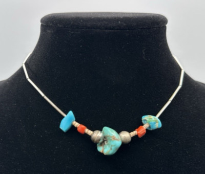 Vintage Navajo Native American Liquid Silver w/ Turquoise & Coral Necklace 15''