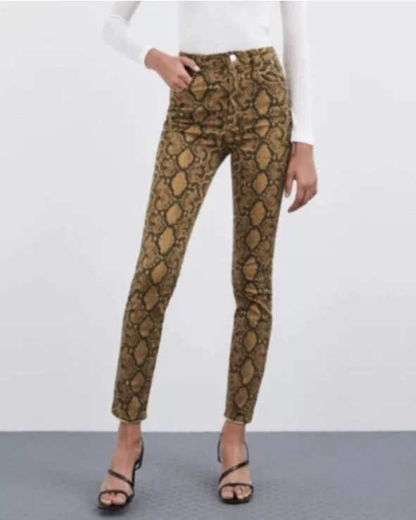 Zara Brown Python Snake Print High Rise Stretch Skinny Jeans Size 4 Pants  NWT