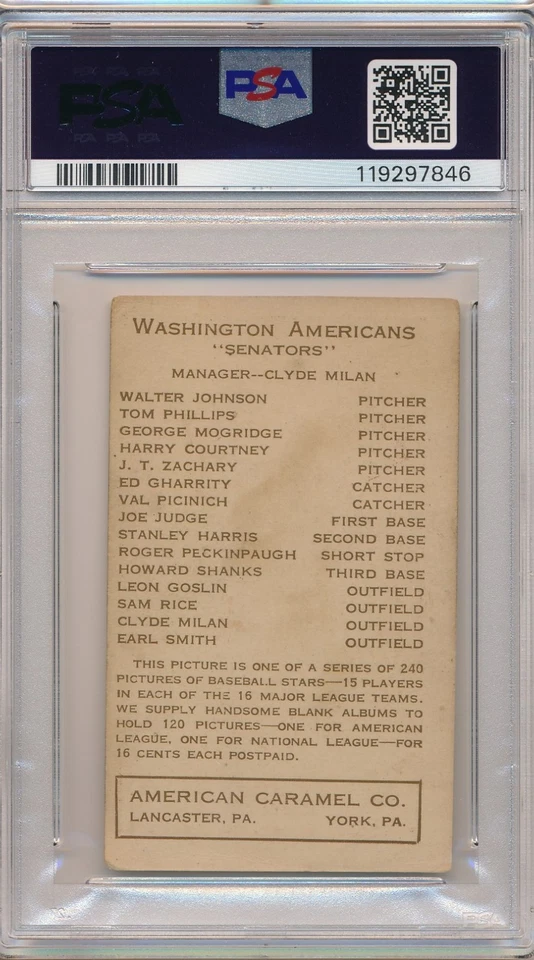 1922 E120 AMER. CARAMEL - JOE JUDGE - PSA 1 PR (SVSC) FRESHLY GRADED! - Image 2 of 2