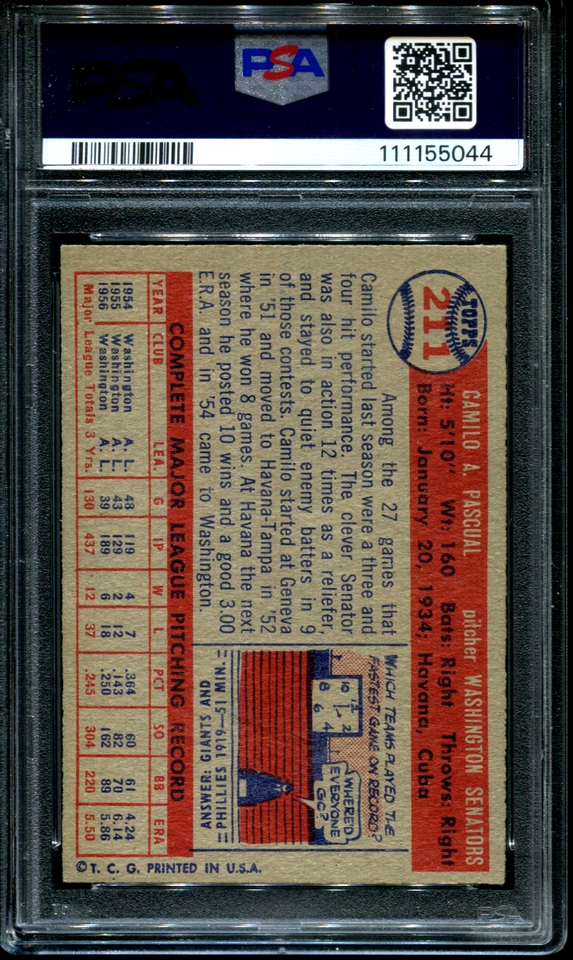 CAMLO PASCUAL 1969 Topps Baseball # 513 Washngton Senators Ex Plus