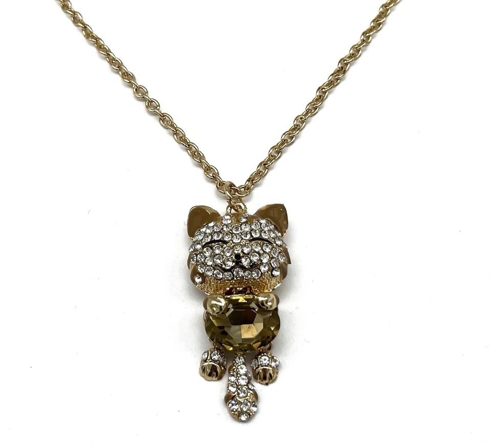 Modeschmuck Kette, Anhänger, Vergoldet, Katze, simulierte Diamanten, 80 cm lang - Bild 2 von 3