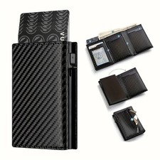 Mens Carbon Fiber RFID Wallet Pop Up Card Holder Zipper Coin Pocket Slim Clip