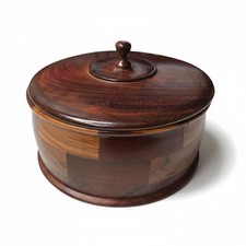 Unique Marquetry Wood Box Hand Turned Round Inlaid Geometric Jewelry Storage