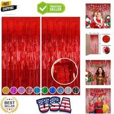 Red Tinsel Foil Fringe Curtains Backdrop, 3.2 ft x 8 ft Sparkle Tinsel Backdr...