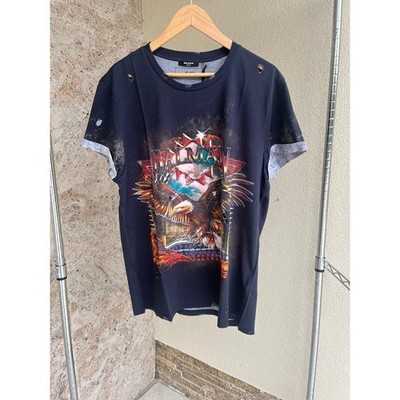 Balmain Q:3 / Eagle & Balmain Logo Print Distressed T-Shirt in Multicolor BNWT M