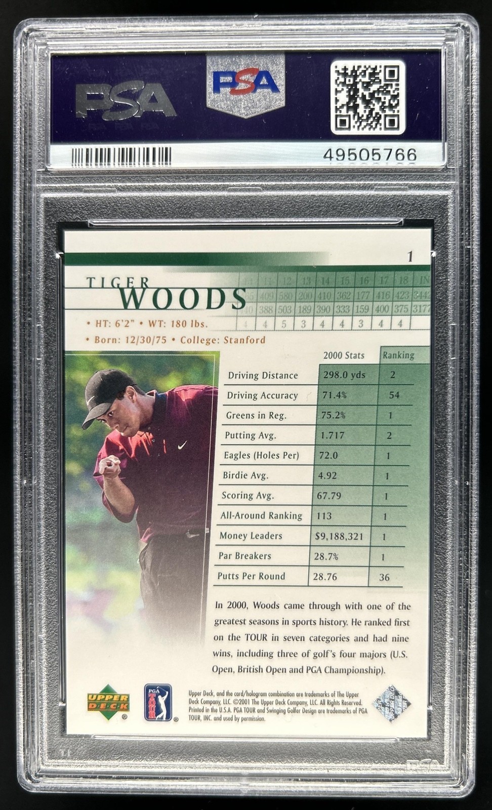 2001 Upper Deck Tiger Woods Rookie RC #1 PSA 10 GEM MINT view 2