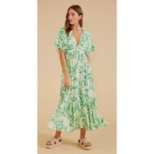 MinkPink Short Sleeve Felecia Button Midi Dress Floral Womens Medium New Green