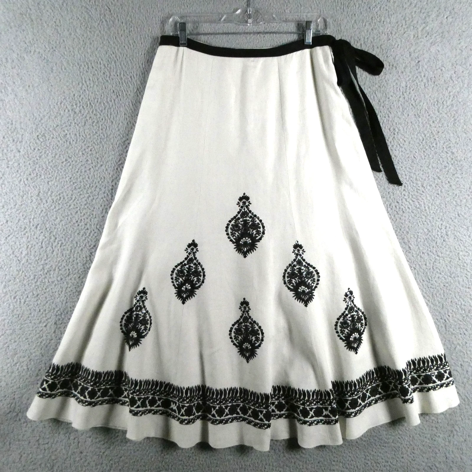Karen Kane Linen Wrap Skirt 6 White Floral Sequin Maxi Boho Resort Vacation