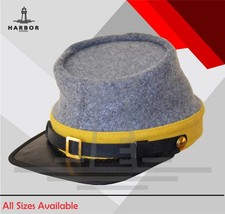 CS Cavalry Kepi - Civil War Leather Peak Cap, Grey with Yellow Band