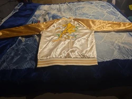 Brooklyn Bomber Jacket Men Sz Lg Champagne GoldTiger Embroidered Full Zip Damage - product listing photo