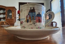 Heartland Cup & Saucer Set International China #105 Stoneware Tan Blue Pink !