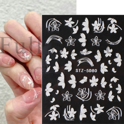 5D Embossed Camellia Nail Stickers White Petals Leaf Relief Design Sliders