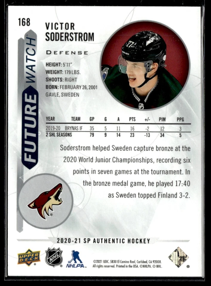 2020-21 SP Authentic Future watch Victor Soderstrom /999 #168 - Image 2 of 2