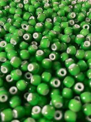 6/0 Light Green Czech Preciosa White Heart Beads, Strand of 50 Beads