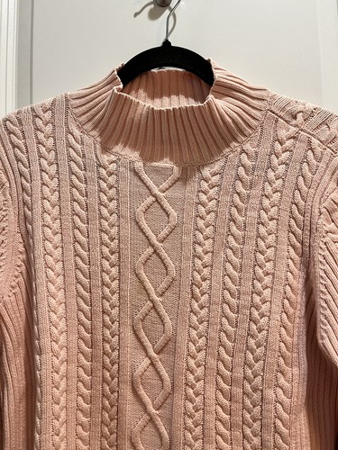 CHAPS Turtleneck Cable sweater Large Pink 100% Cotton Armpit To Armpit 23” - Picture 3 of 6