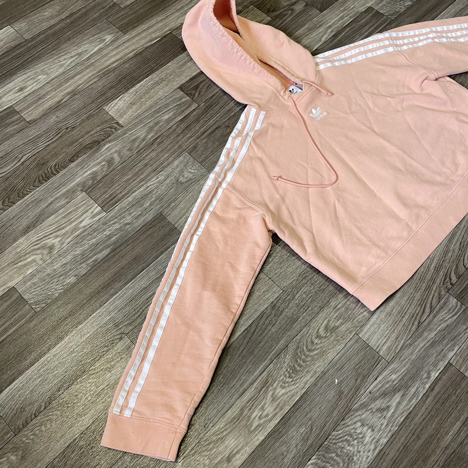 Adidas Cropped Hoodie Sweatshirt Women’s Small Pink White Trefoil Logo 3 Stripes - Image 3 of 4