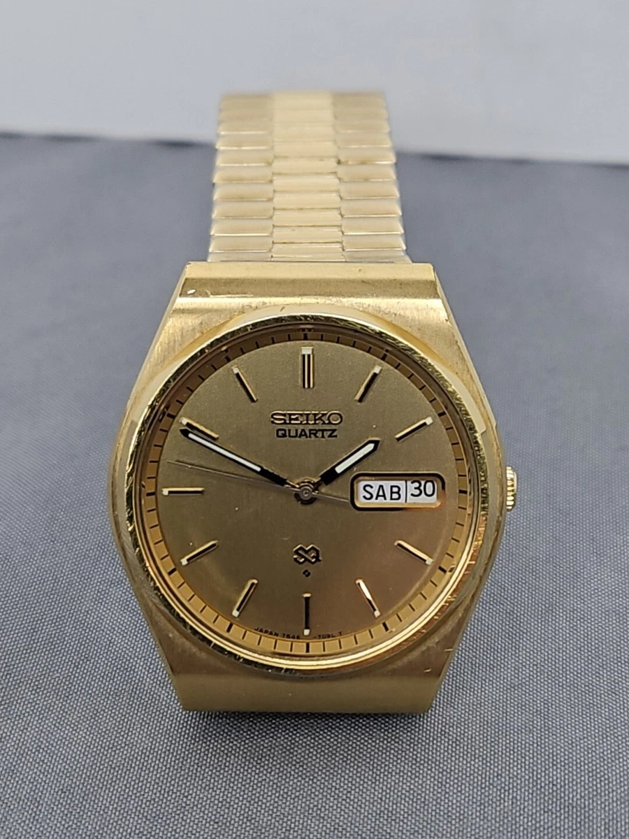 Vintage Seiko SQ Watch Men Gold Tone Day Date 7546 9009 Needs New Battery 7.5