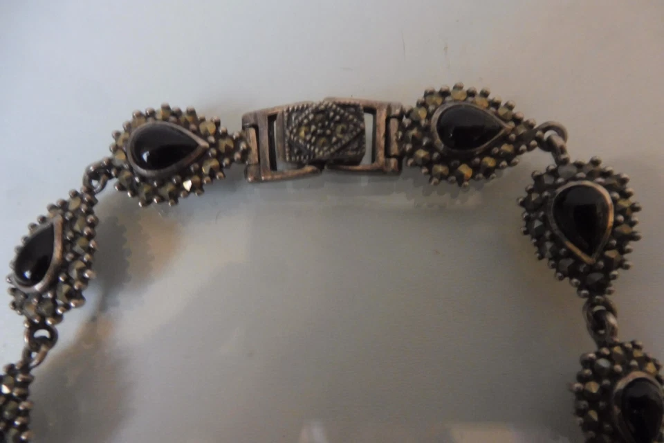 Muy Bonita, Vieja Cadena De Plata 925, Collar Macizo Con Ónix Y Marcasita - Imagen 2 de 4