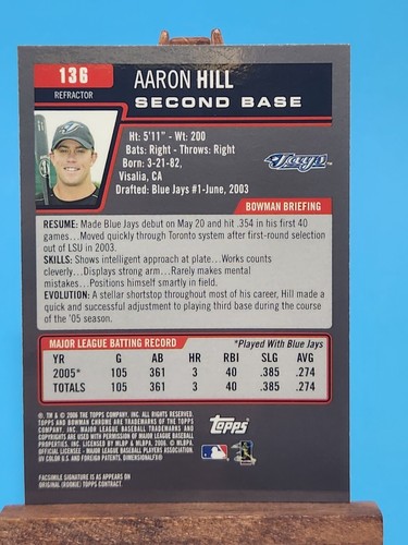 2006 Bowman Chrome Aaron Hill Refractor #136 Toronto Blue Jays - Picture 2 of 2