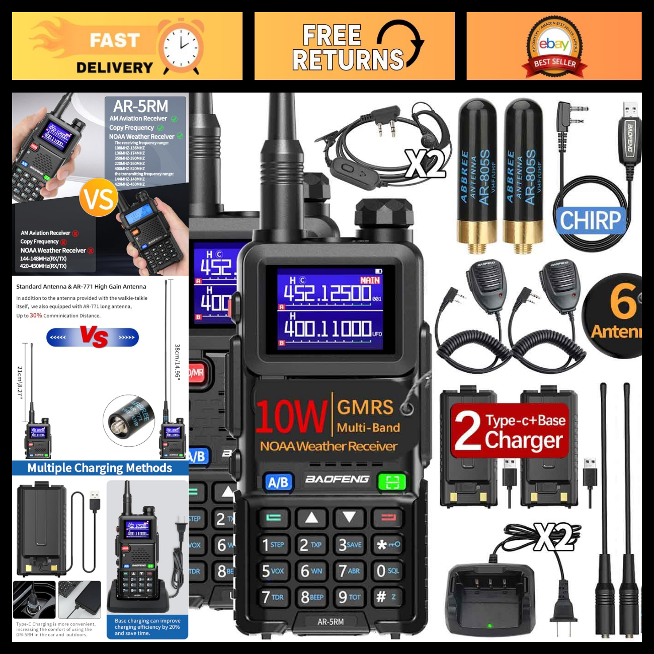 Long Distance Hand Handheld Ham Radio UV-5R Upgrade Long Range 10W NOAA Emergency Tactical ...