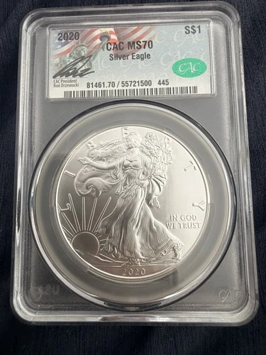 2020 SILVER EAGLE - CACG MS70 PERFECT GEM MINT - Ron Drzewucki Hand-Signed