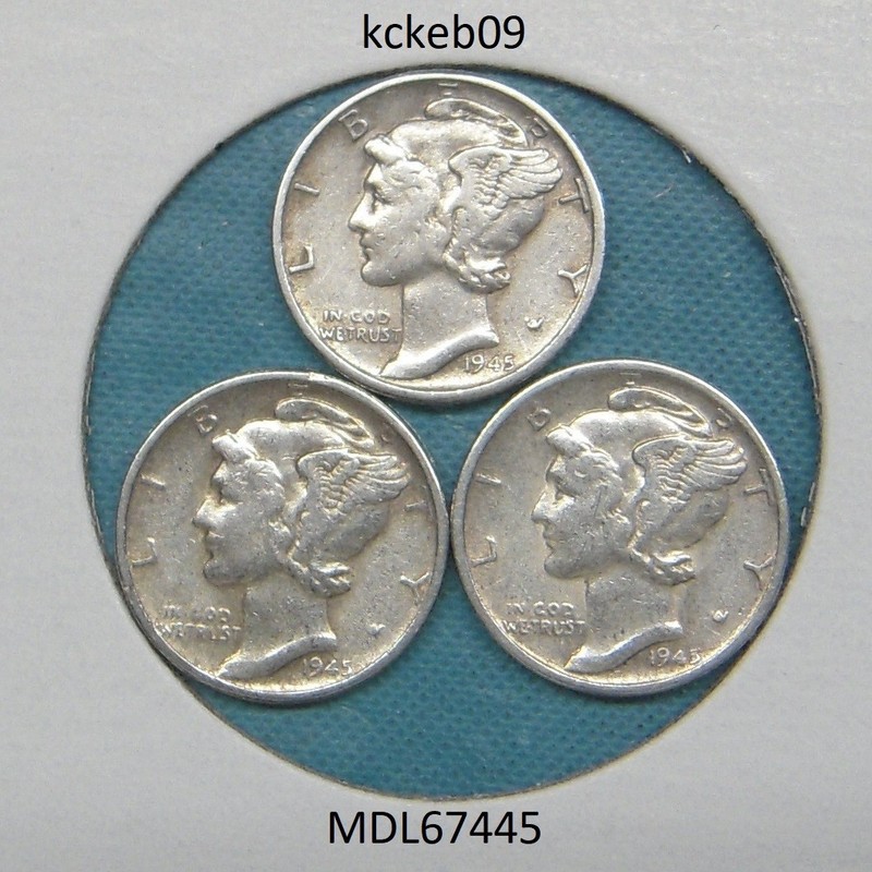 Mercury dime lot of 3, 1945-D, 1945-P, 1945-S.  90% silver coins