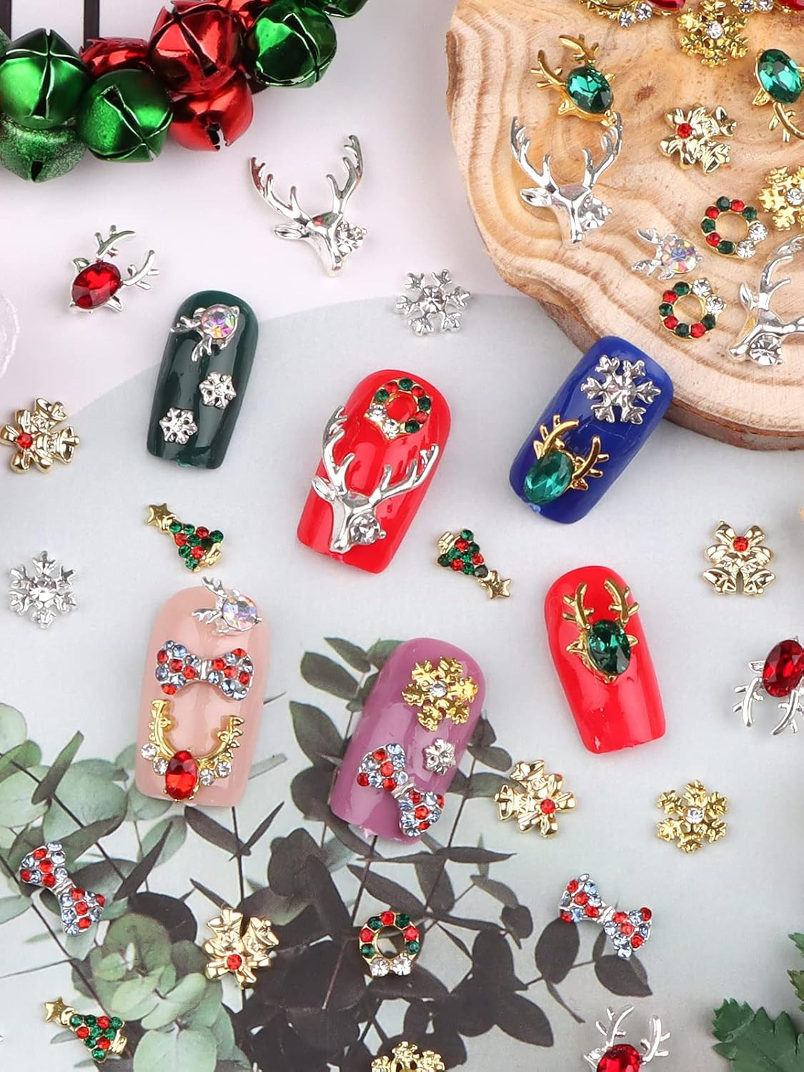 60 Pcs Nail Charms Decorations 3D Colorful Charms for Nails Alloy Christmas Tree