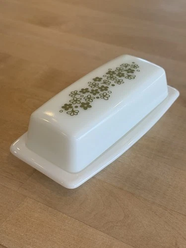 Pyrex Corelle Crazy Daisy Spring Blossom Butter Dish Vintage Green, 1/4 Pound
