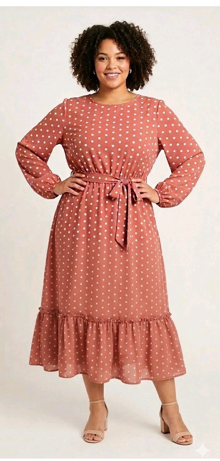SHEIN Curve Dress Size 1XL Coral Pink/ White Polka Dot, Belt Tie, Midi NEW