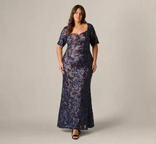 Papell Studio Navy Blue Rose Gold Sequin Embellished Mesh Gown Size 18W $219