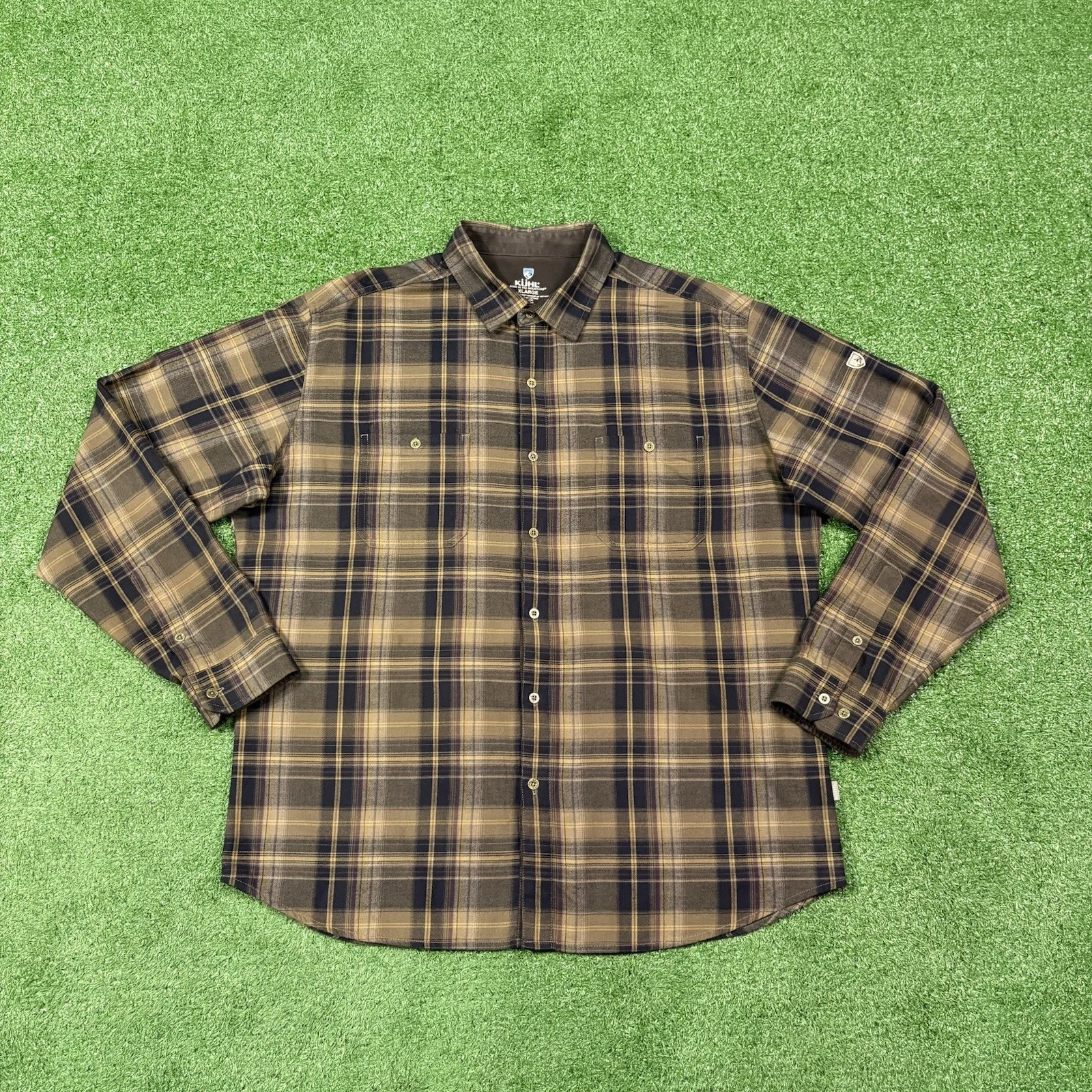 KUHL Outdoor Hiking Gorpcore Brown Plaid Long Sleeve Button Up Shirt Men's XL
