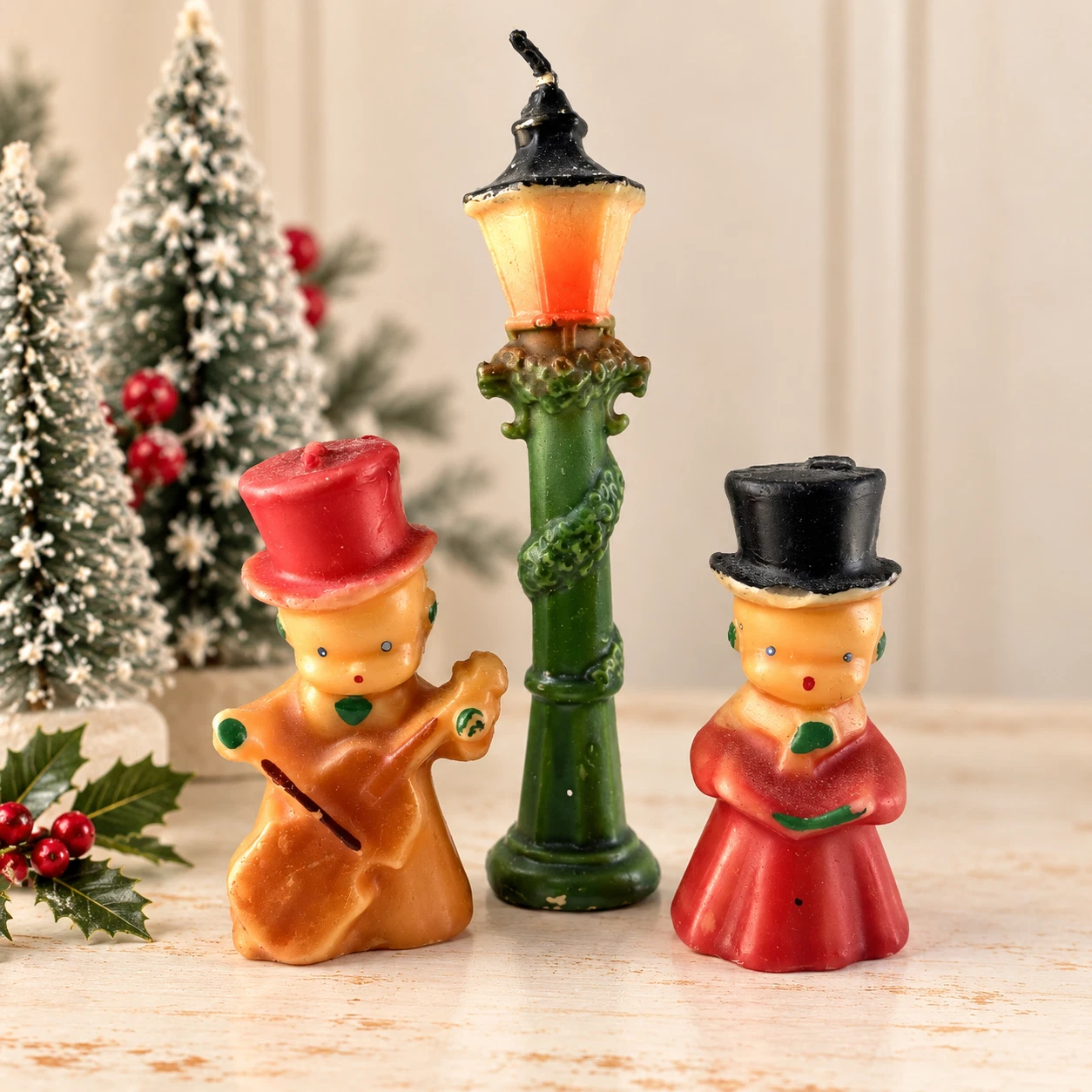 Vintage 1950s Gurley Christmas Candles Carolers Street Lamp Post Set of 3 image 2