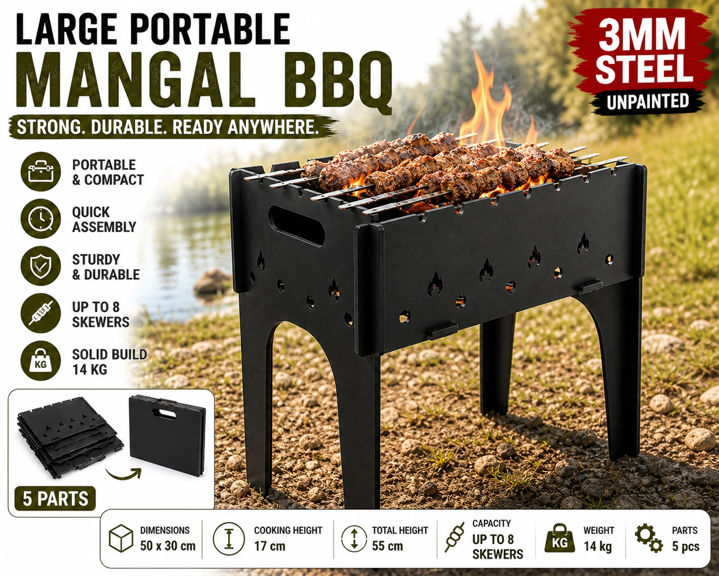 3mm 50x30x55cm X LARGE Portable Mangal BBQ Steel Folding Grill | Camping Fishing
Opens in a new wind