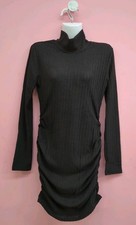 High Neck Long Sleeve Ribbed Knit Bodycon Mini Sweater Dress Medium Black