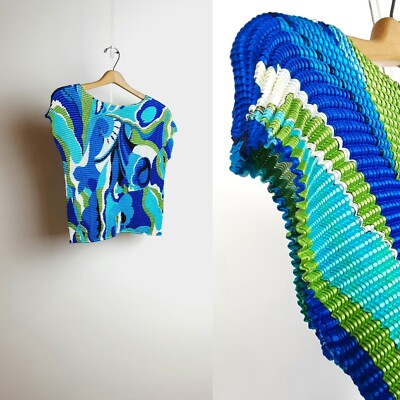 90s Pleated Alberto Makali Designer Psychedelic Printed Abstract Crop top Blue 