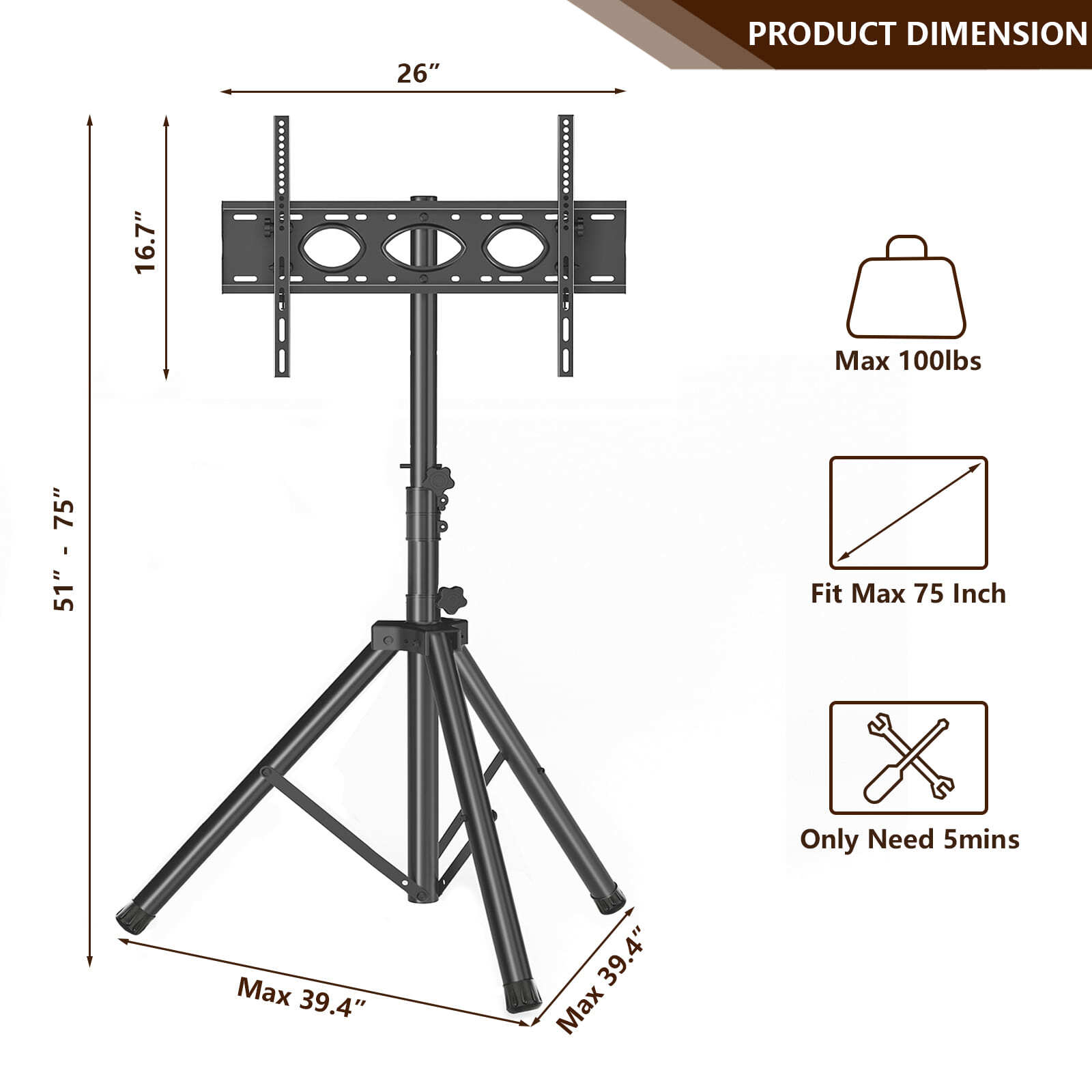 Modern Portable Tripod TV Stand with Swivel & Tilt Mount for 32-75 inch Flat TVs
