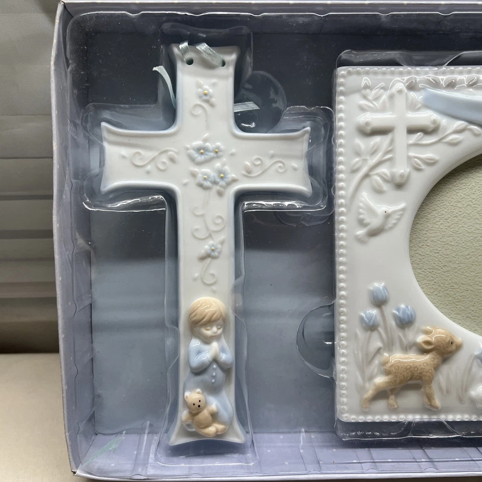 Russ Bebé Bautizo Bautizo Cruz y Marco Cerámica Azul Niño Set de Regalo Foto 3 de 4