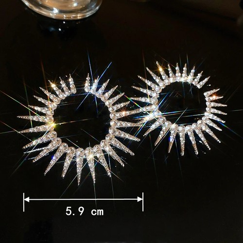Large Rhinestone Earrings Hoop Spikes Crystal 5.9 Cm Shiny Party Jewellery Club - Picture 3 of 4