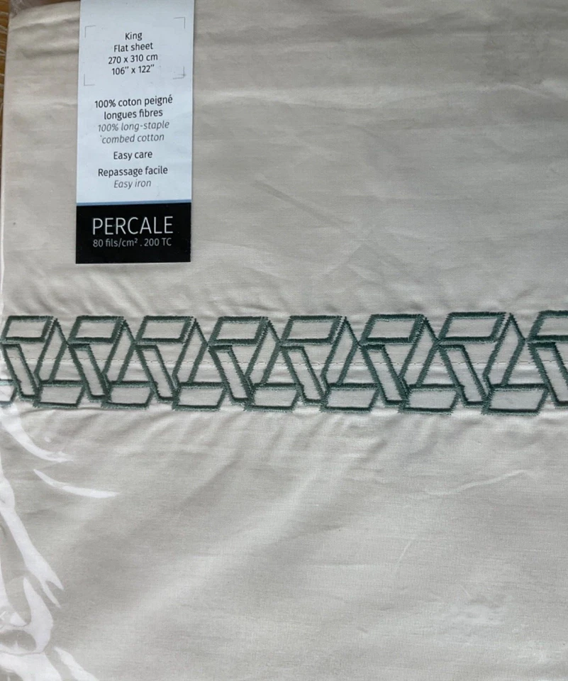 ANNE de SOLENE Paris~SÁBANA PLANA 1 REY~TROPICAL~100% algodón PERCAL~beige~NUEVA CON ETIQUETAS~ Foto 2 de 4