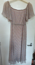 Traffic People pink multi gold lined maxi dress tie belt cap sleeve occassion M
