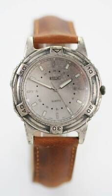 Mens Relic Stainless Silver Steel Brown Leather Battery Quartz Easy ...