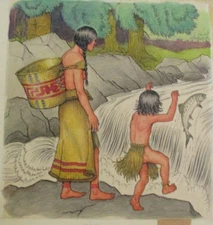 ROGER VERNAM PAINTING ANTIQUE  ILLUSTRATION NATIVE AMERICAN INDIAN TRIBAL RIVER