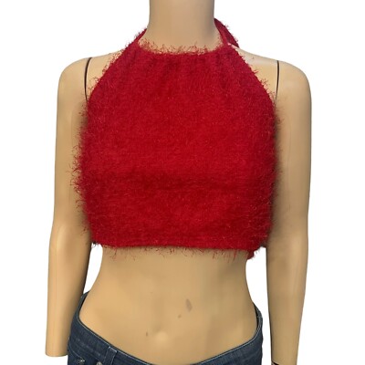 90s Y2K Eye Candy Fuzzy Crop Top Large Halter Red Clubwear Rave Grunge Holiday