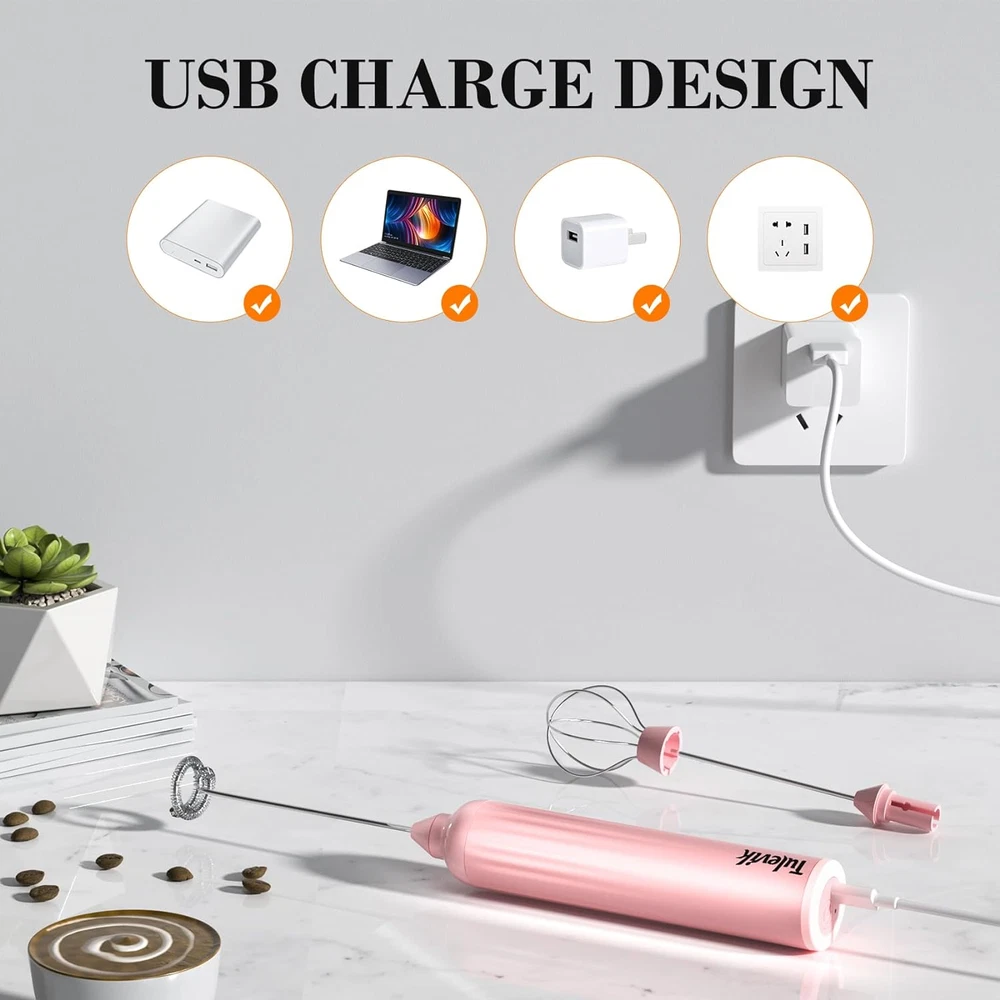 Milk Frother Handheld with Stand Rechargeable 3 Speeds Electric Frother Wand