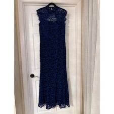 Eliza J Blue Black Floral Lace Gown Dress Size 12 Mock Neck Open Back Formal
