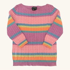 Vtg Ralph Lauren Cable-Knit Sweater with Colorful Stripes Preppy Classic